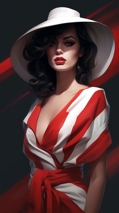 A Painting Of A Woman Wearing A Red And White Dress With A Big Hat On