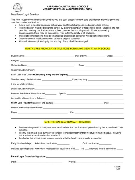 Fillable Online Hcps Medication Policy And Permission Form Harford