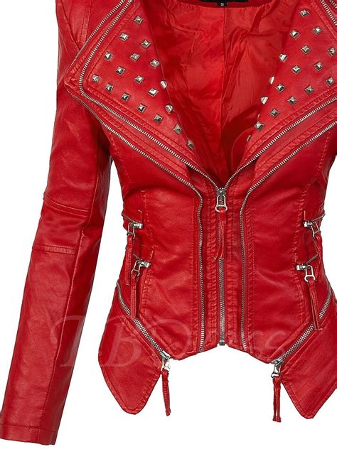 stand collar lapel rivet with zipper decoration slim women s jacket red jacket