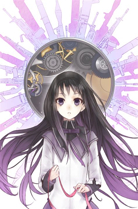 Safebooru Akemi Homura Black Hair Bow Ciev Clockwork Gun Hairband Highres Long Hair Long