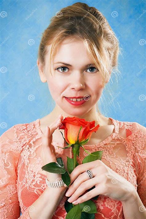 Young Beautiful Woman With A Single Red Rose Stock Image Image Of