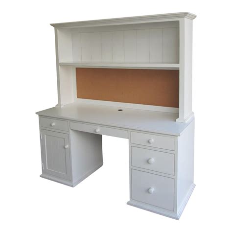 Large working area with hidden space under the surface, a bookshelf above the tabletop offers extra storage space, has two compartments, and one top shelf. Custom Distressed White Desk With Bookcase | Chairish