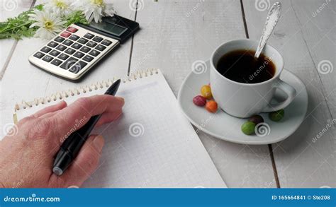 Desktop With Cup Of Coffee Calculator Notepad Pen Accounting