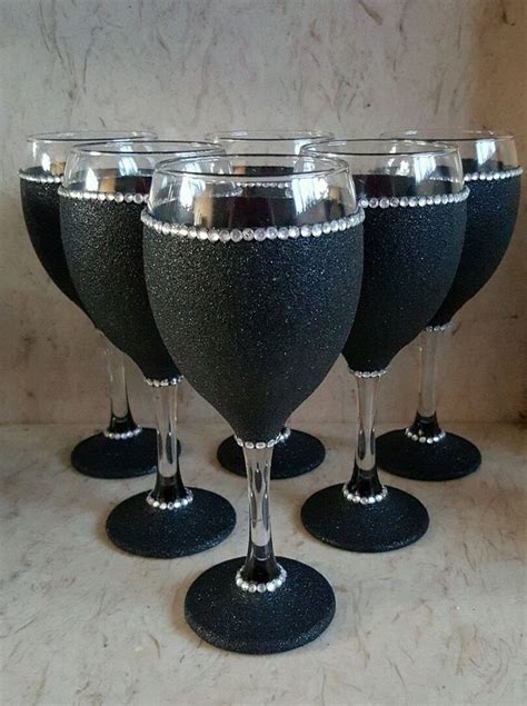 6 Black Glitter Glasses Glitter Wine Glasses Glitter Wine Glasses