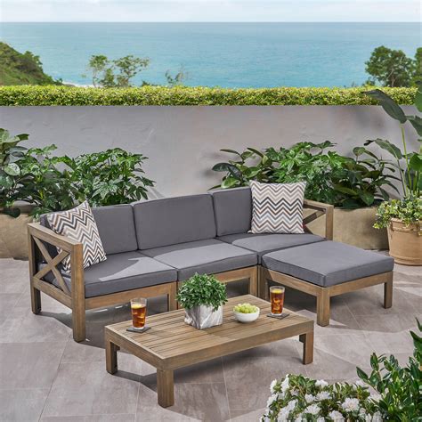 Rayan Outdoor Acacia Wood 5 Piece Sofa Set Gray And Dark Gray