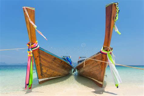 Longtail Boats At The Tropical Beach In Andaman Sea Stock Image Image