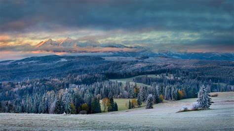 Landscape Forest Fall Mountains Sunset Hill Lake Nature Snow