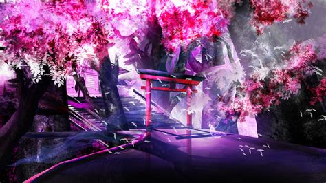 Fond Décran Paysage Anime Violet Branche Monde Fleur Rose