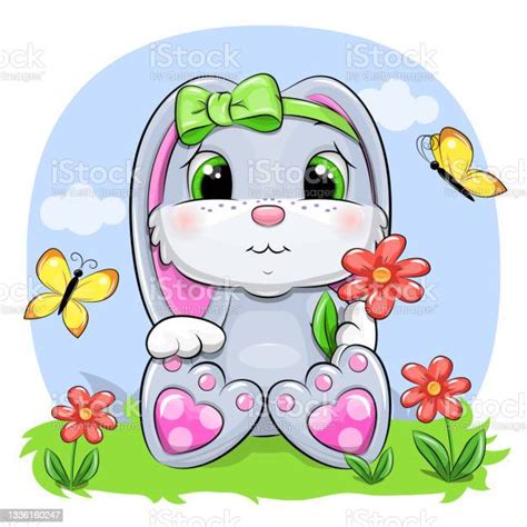 Cute Cartoon Rabbit With Flowers And Butterflies Stock Illustration