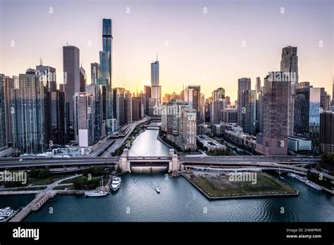 Aerial View Of Chicago River And City Skyline At Sunset Chicago