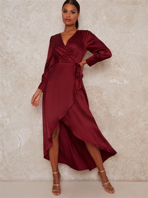 Satin Wrap Long Sleeve V Neck Dress In Red Chi Chi London