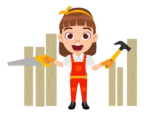 Happy Cute Beautiful Kid Girl Carpenter Construction Worker Standing