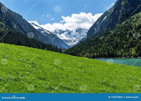 Panoramic View Of Idyllic Mountain Scenery In The Alps With Fresh Green