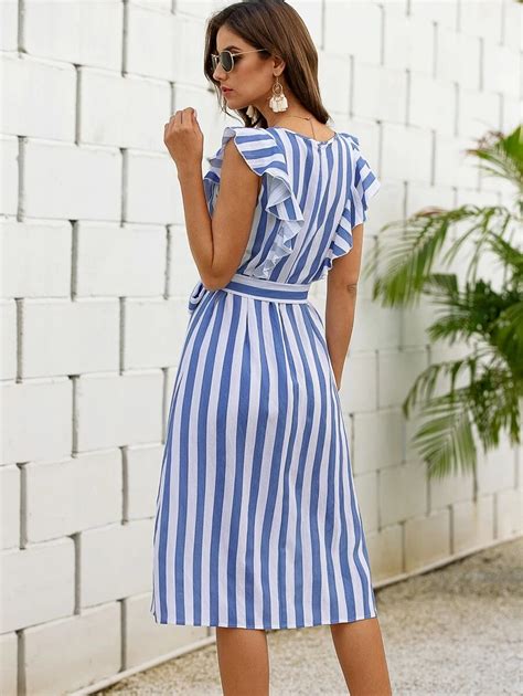 Vertical Striped Ruffle Trim Belted Dress Shein Eur Trendy Spring