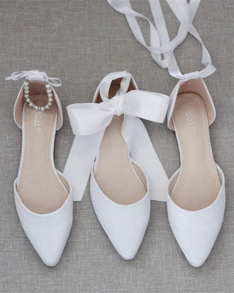 White Satin Pointy Toe Flats With Satin Ankle Tie Or Ballerina Lace Up