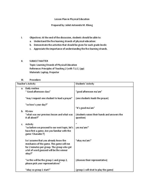 Lesson Plan In Pe Physical Education Lesson Plan