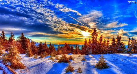 Winter Clouds Great Sunsets Woods Beautiful Views Wallpapers