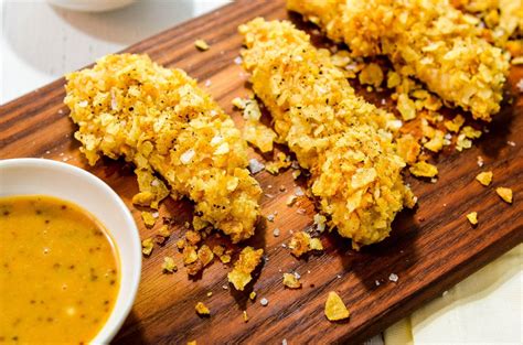 Potato Chip Crusted Chicken Fingers With Honey Mustard Bbq Dipping