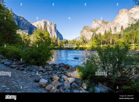 Yosemite Merced River El Capitan And Half Dome In California National