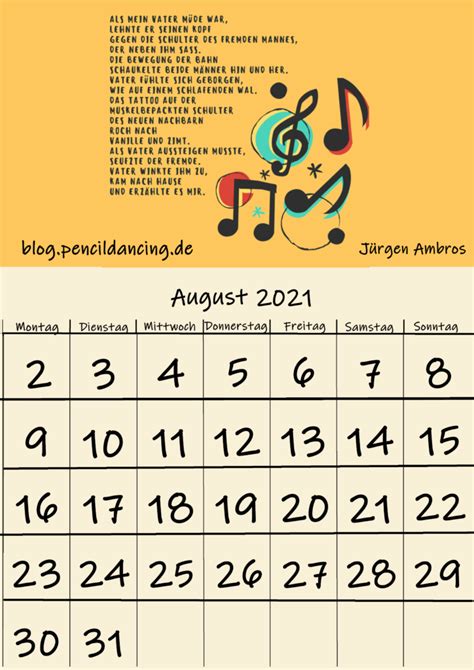 Der monat startet am 1. Kalenderblatt August 2021 - Pencildancing__Ideen - und Schreibwerkstatt