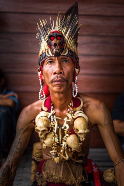 Dayak Man Wearing Traditional Head Gear With Monkey Skulls Around His