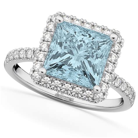 Princess Cut Halo Aquamarine And Diamond Engagement Ring 14k White Gold 3