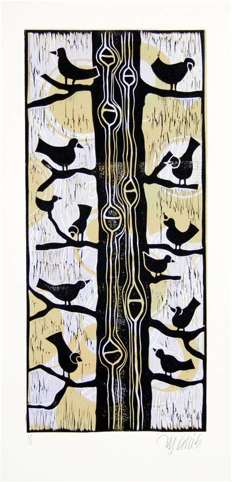 Linocut By Printmaker Mariann Johansen Ellis With Birds In A Tree On A