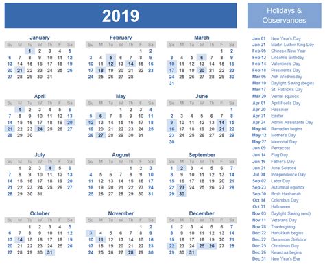 2019 Printable Calendar Riset