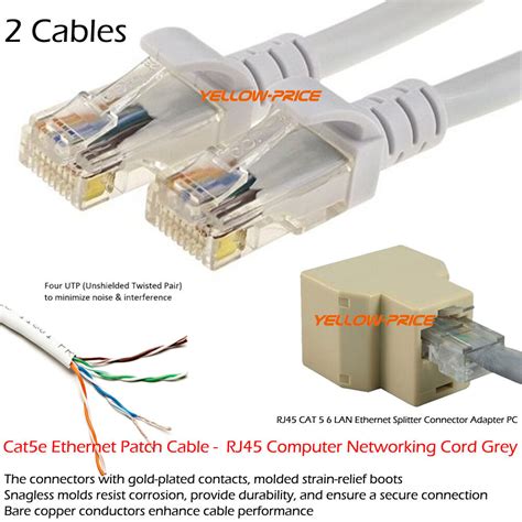 (2 pack) phone line to ethernet adapter rj45 male (8p4c) to rj11 female jack (6p4c). 2x25FT Cat5e Ethernet Network Cable Gold RJ45 Jack Copper Wire+Ethernet Splitter | eBay