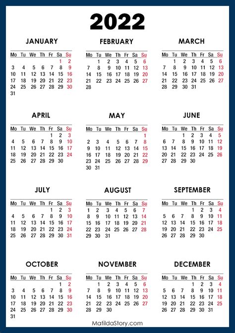 2022 Calendar Printable Free Blue Monday Start