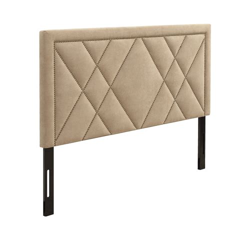 Contemporary Upholstered Tufted Nailhead Headboard Beige Queen