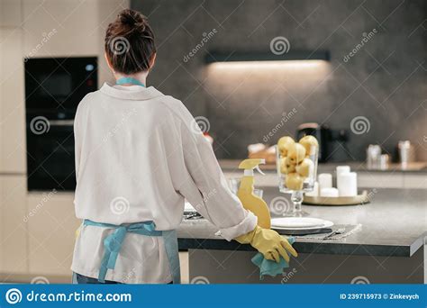 A Woman Looking Busy While Cleaning The Kitchen Stock Image Image Of