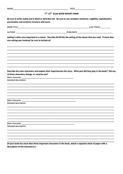 Printable Book Report Template 7th Grade