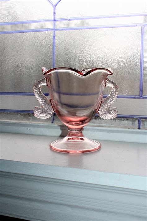 Fenton Glass Pink Compote With Dolphin Handles