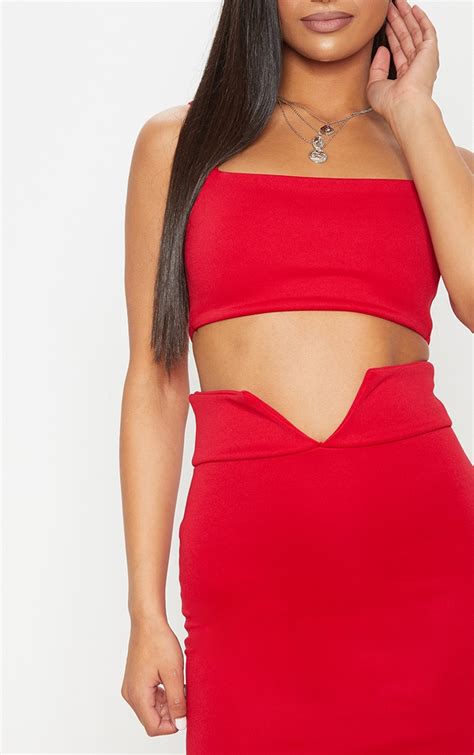 Red Strappy Cut Out Curve Waist Bodycon Dress Prettylittlething Usa