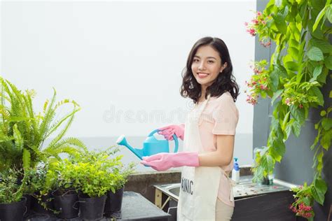 Beautiful Asian Woman Gardener Watering The Plants Stock Image Image