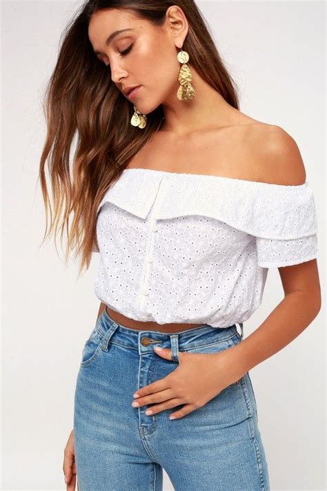 Charming Choice White Eyelet Off The Shoulder Crop Top Crop Tops