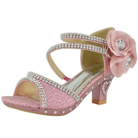 Kids Dress Sandals Asymmetrical Rhinestones Heart High Heel Shoes Pink