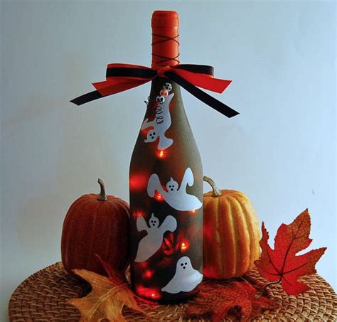 Halloween Ghost Luminary Wine Bottle Light Orange And Black Etsy