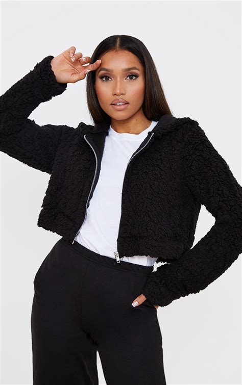 Petite Black Cropped Borg Zip Up Hoodie Prettylittlething Usa