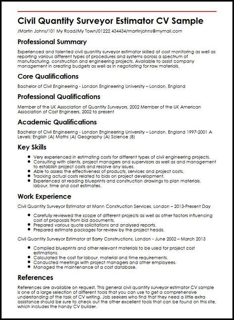 It is a written summary of your academic qualifications, skill sets and previous work experience which you building an attractive cv helps in increasing your chances of getting the job. Cv Template Quantity Surveyor | Sample resume, Engineering ...