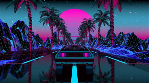 Car On Road Between Palm Trees 4k Hd Vaporwave Wallpapers Hd