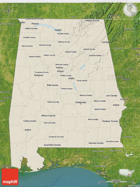 Shaded Relief 3d Map Of Alabama Satellite Outside