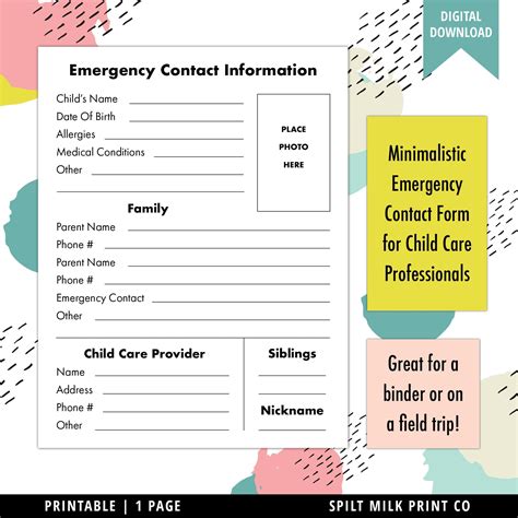 Emergency Contact Form Digital Download Daycare Child Etsy