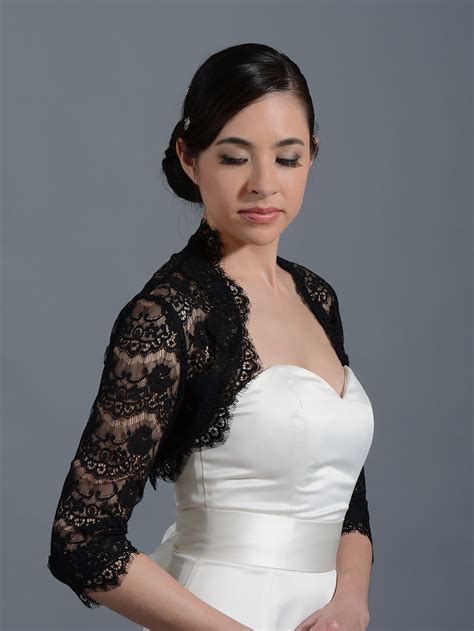 Black 3 4 Sleeve Bridal Lace Wedding Bolero Jacket 051n