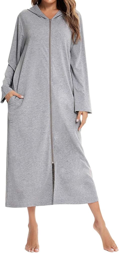 Lus Chic Womens Zipper Front Robe Hooded Bathrobe Full Length Zip