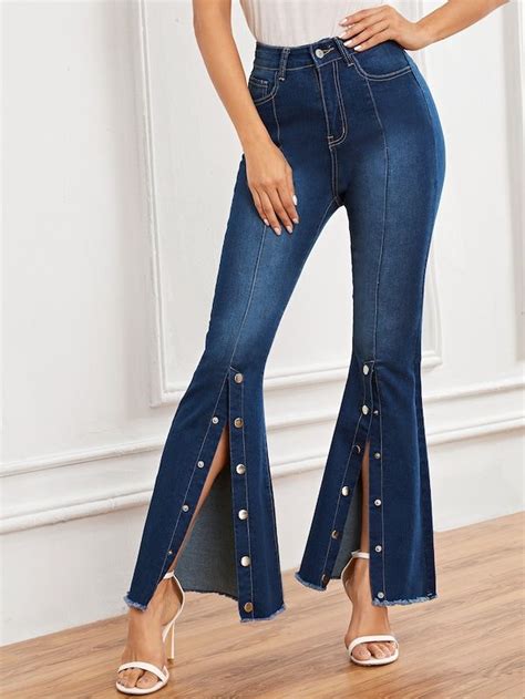 Shein Raw Hem Button Detail Flare Leg Jeans Summer Fashion Outfits