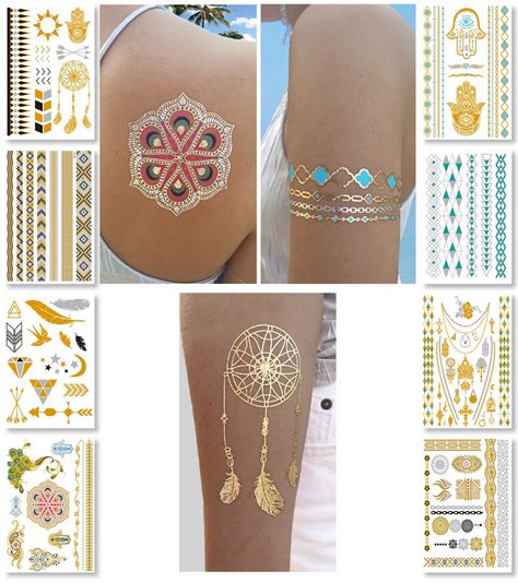 buy metallic temporary tattoos for girls women teens 8 sheets 100 gold silver temporary