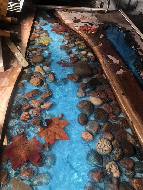 Live Edge River Table With Stones And Leaves Walnut In 2021 Epoxy