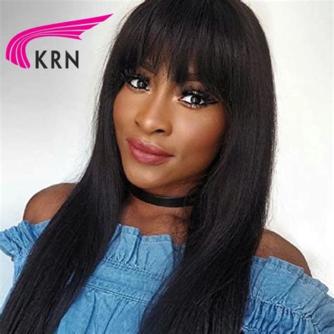 krn 180 density straight lace front wigs with bangs 10 24 inch full remy hair glueless brazilian